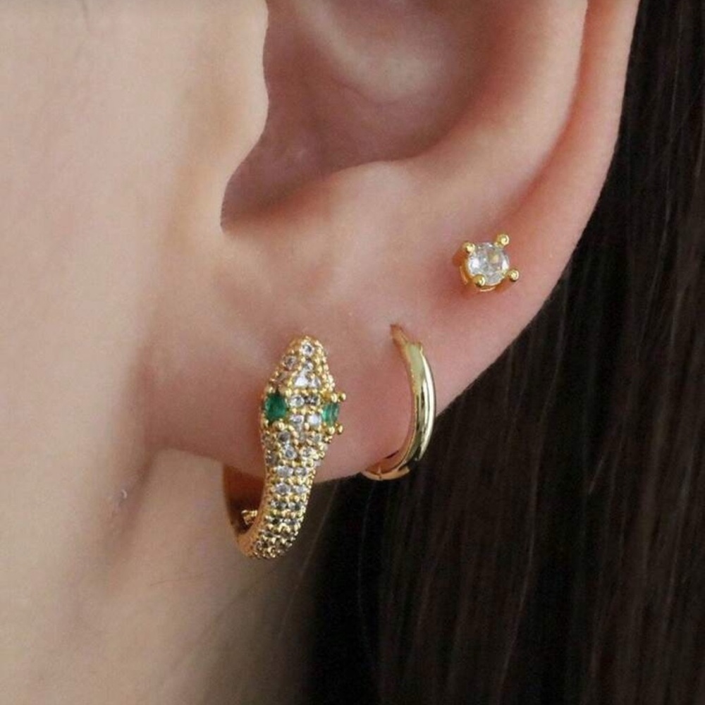 Gold Plated Stainless Steel 3pc Earring Set Cubic Zirconia Stud & Hoop Earrings